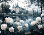 White roses and castle reflection on lake cross stitch kit for beginners