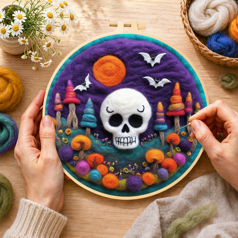 Creating the white skull with colorful mushroom trees wool painting by hand with a felting needle