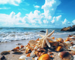 White starfish and colorful shells on sunny sand cross stitch kit for beginners