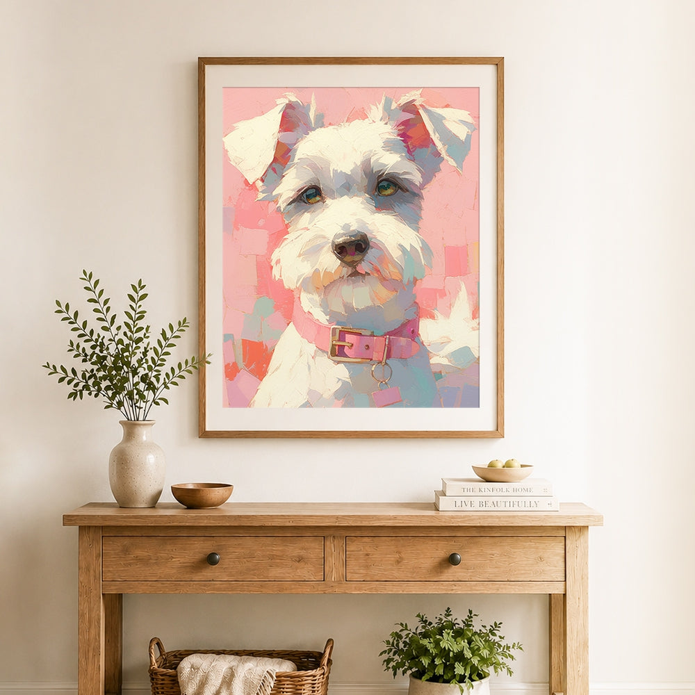 Finished white terrier on pink background cross stitch artwork displayed as home decor