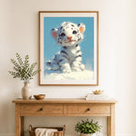 Finished white tiger cub on snow cross stitch artwork displayed as home decor