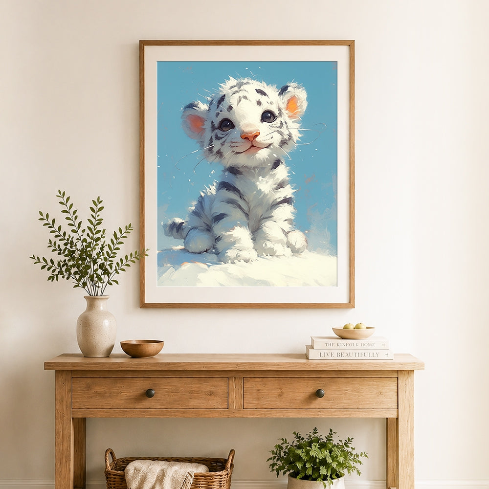 Finished white tiger cub on snow cross stitch artwork displayed as home decor