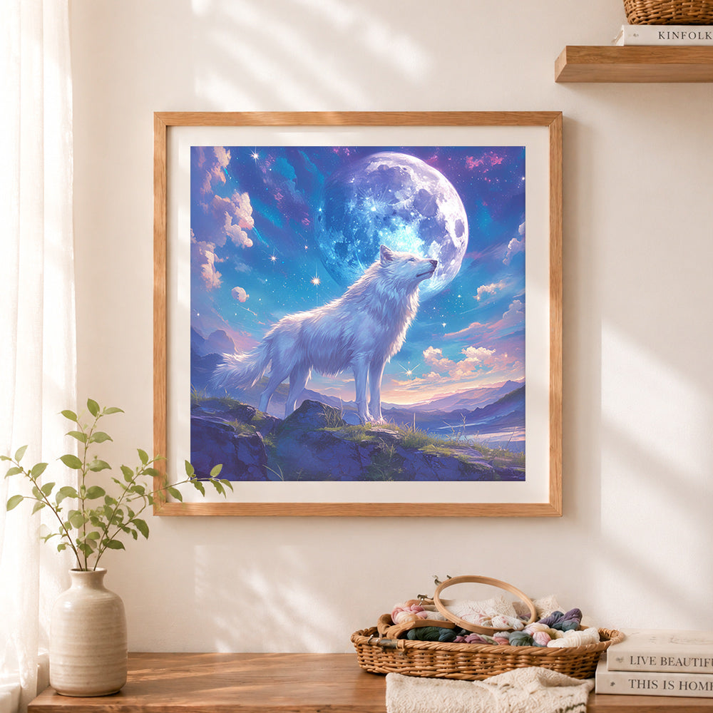 Finished white wolf under giant moon cross stitch artwork displayed as home decor