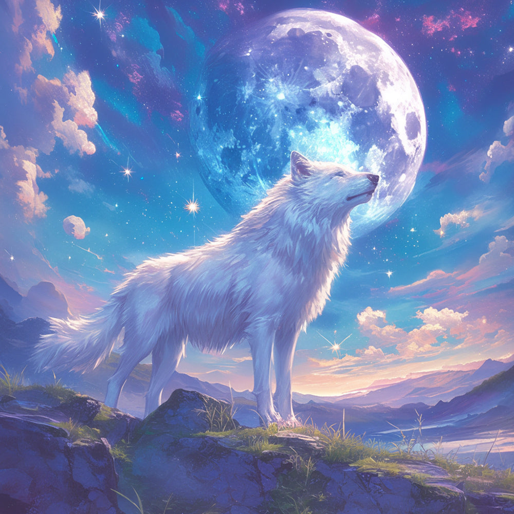 White wolf under giant moon cross stitch kit for beginners