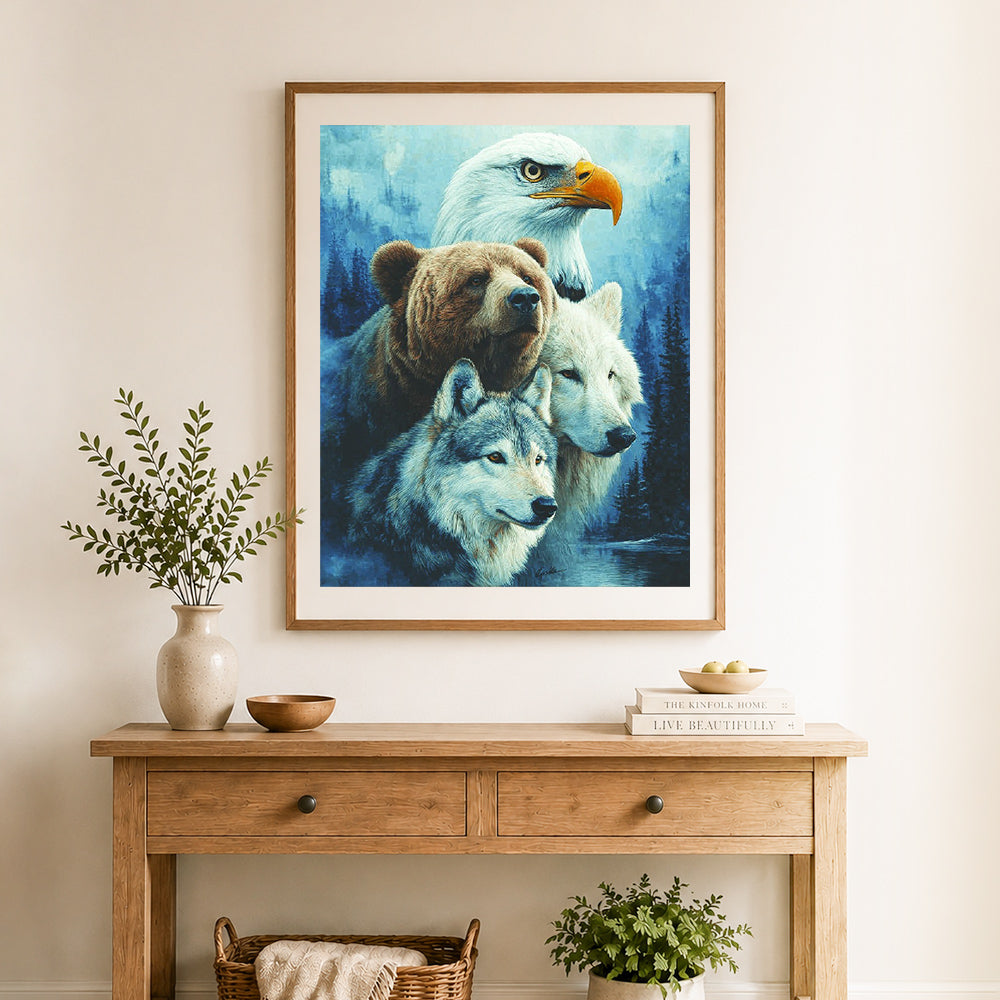 Finished wild animal spirit cross stitch artwork displayed as home decor