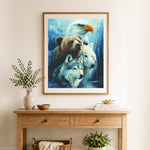Finished wild animal spirit cross stitch artwork displayed as home decor