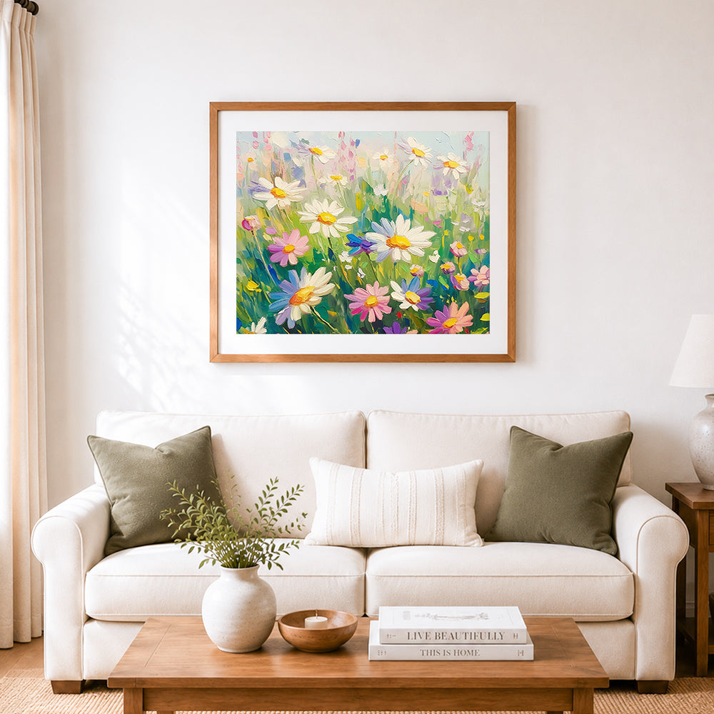 Finished wild daisy field cross stitch artwork displayed as home decor
