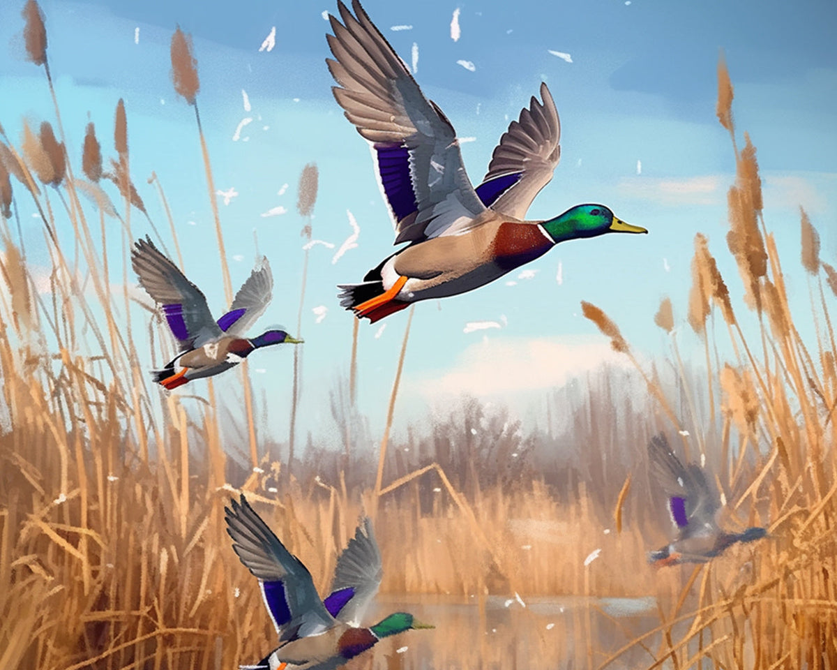 Wild ducks flying over reeds cross stitch kit for beginners