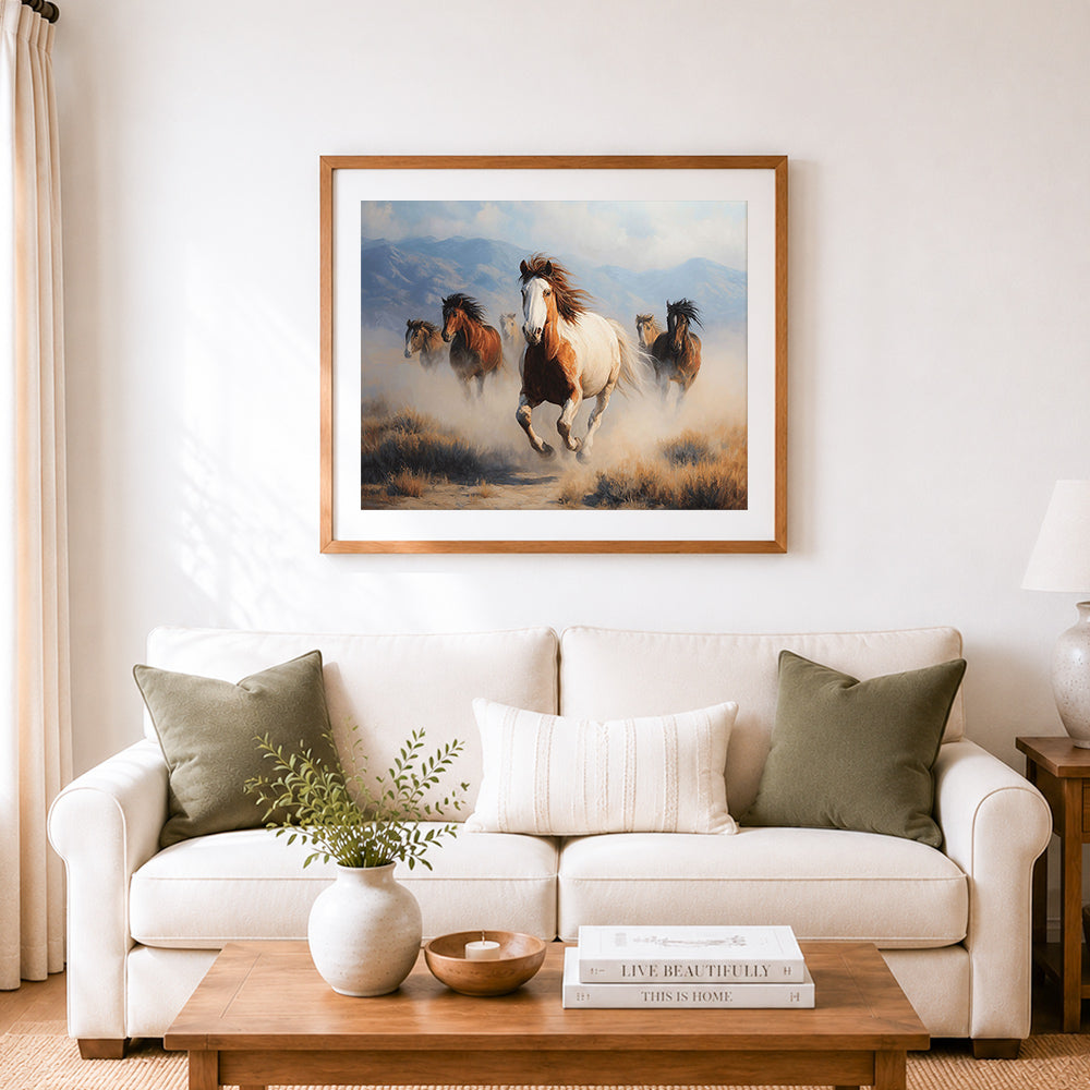 Finished wild horses running free cross stitch artwork displayed as home decor