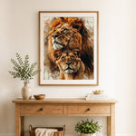 Finished wild lion couple cross stitch artwork displayed as home decor