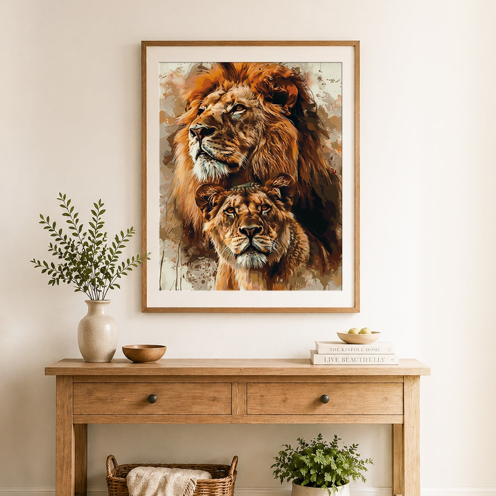 Finished wild lion couple cross stitch artwork displayed as home decor