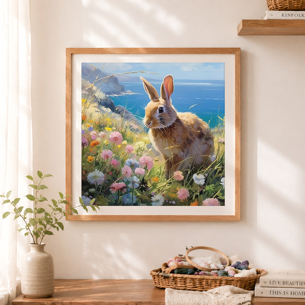 Finished wild rabbit in coastal wildflowers cross stitch artwork displayed as home decor