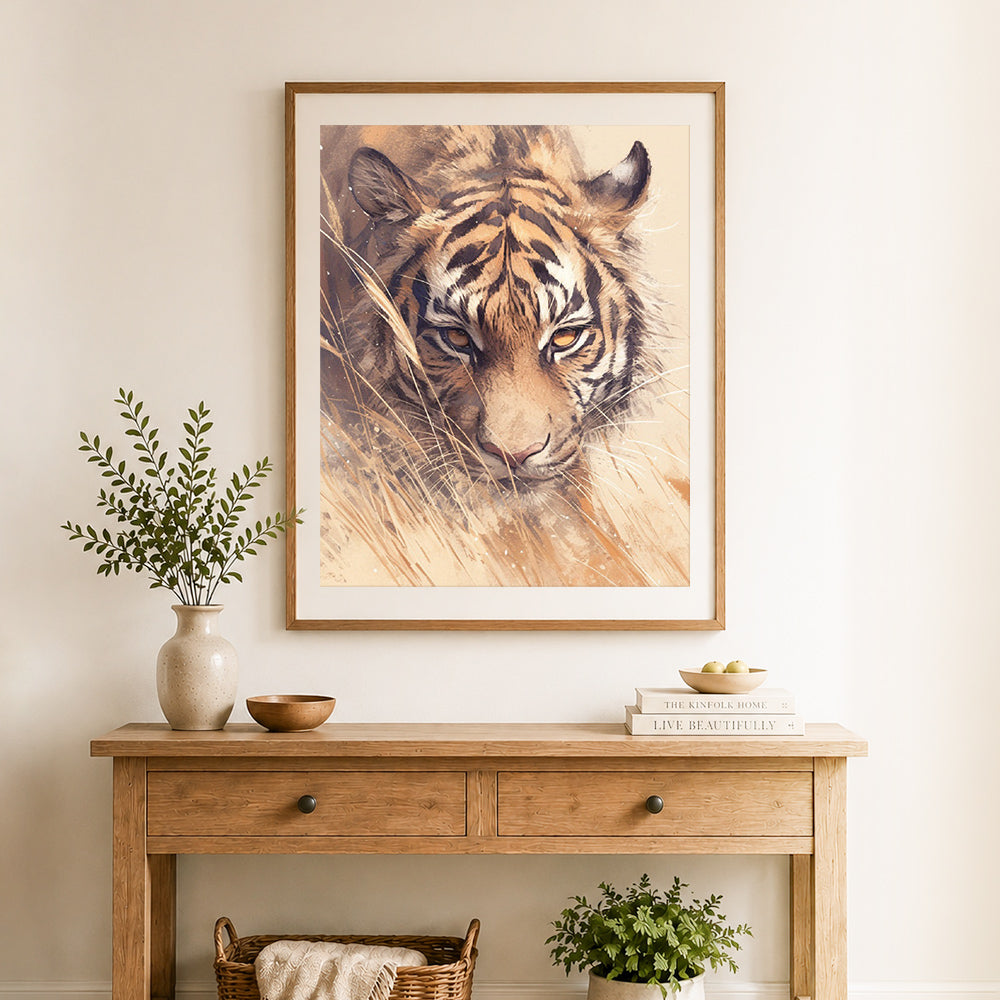 Finished wild tiger watercolor art cross stitch artwork displayed as home decor