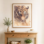 Finished wild tiger watercolor art cross stitch artwork displayed as home decor