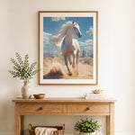 Finished wild white desert horse cross stitch artwork displayed as home decor