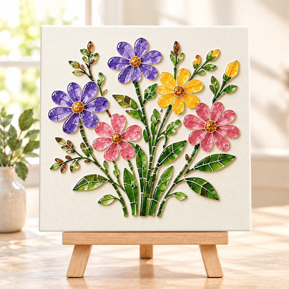 Wildflower bouquet sea glass art kit finished artwork on display