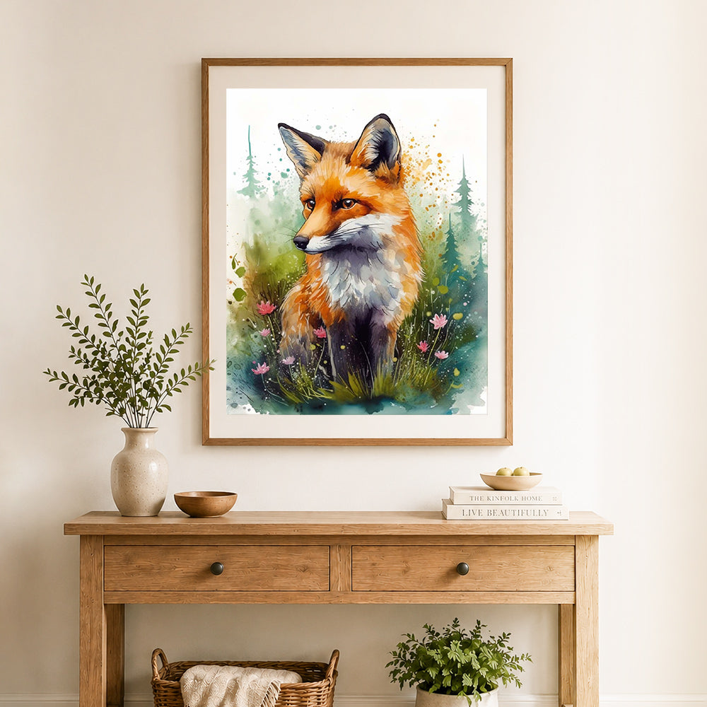 Finished wildflower fox watercolor cross stitch artwork displayed as home decor