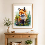 Finished wildflower fox watercolor cross stitch artwork displayed as home decor