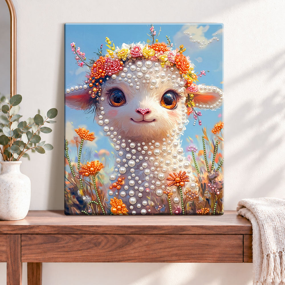 Finished wildflower lamb portrait pearl diamond painting artwork displayed as home decor