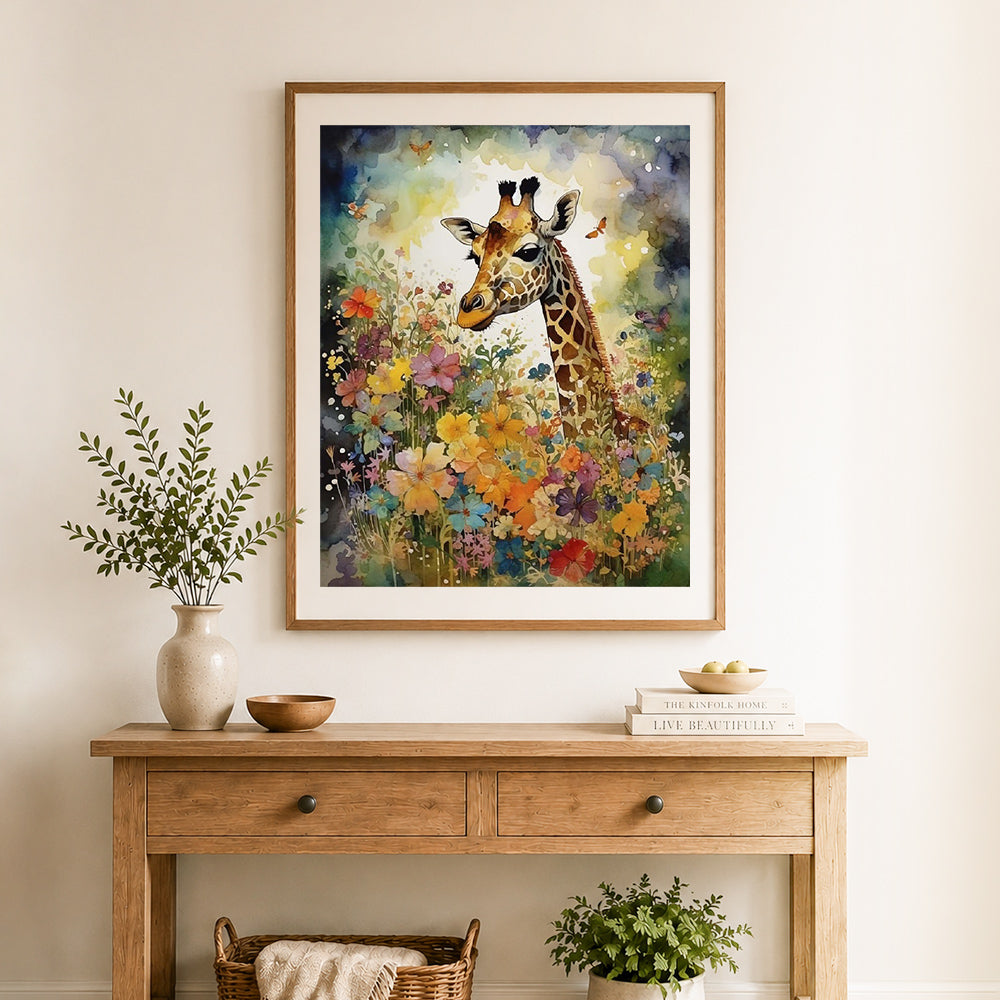 Finished wildflower meadow giraffe cross stitch artwork displayed as home decor