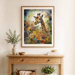Finished wildflower meadow giraffe cross stitch artwork displayed as home decor