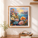 Finished wildflowers by coastal city cross stitch artwork displayed as home decor