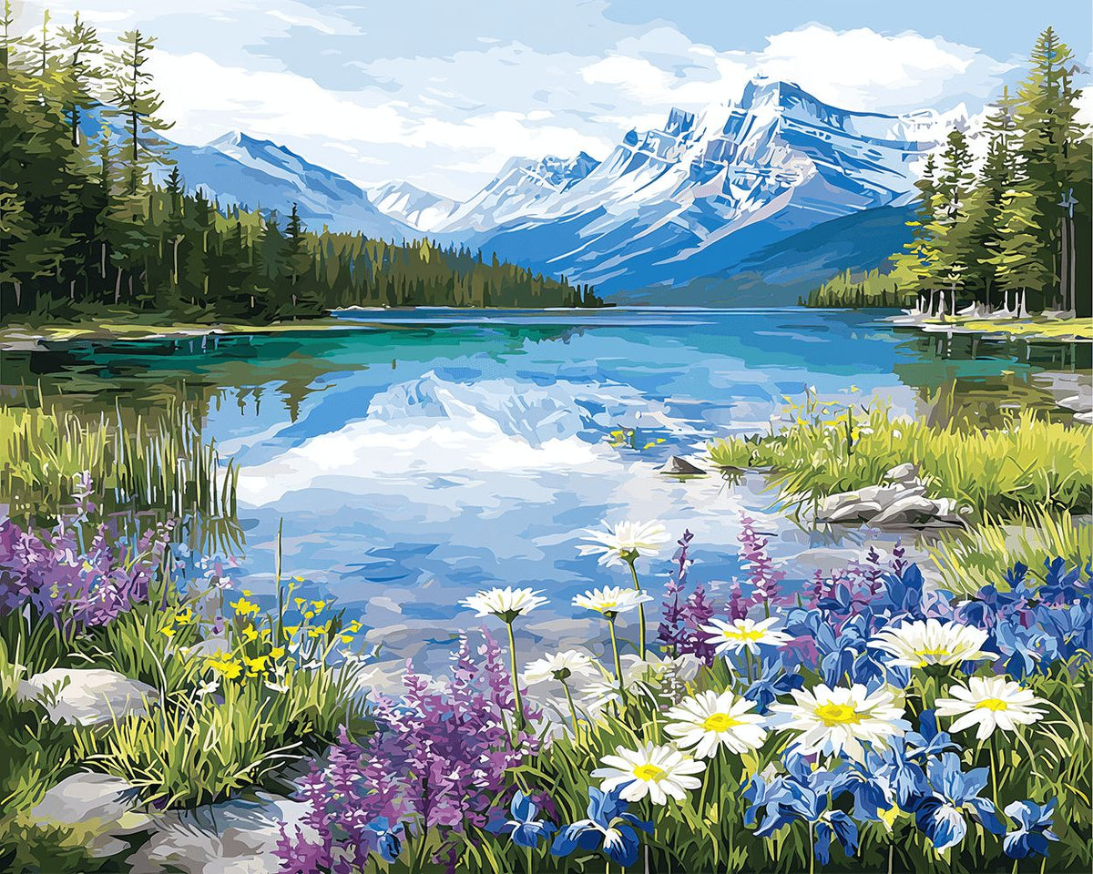 Wildflowers by the blue mountain lake cross stitch kit for beginners