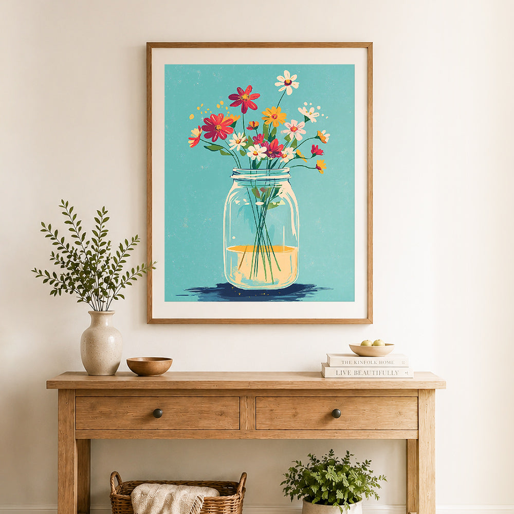 Finished wildflowers in jar cross stitch artwork displayed as home decor