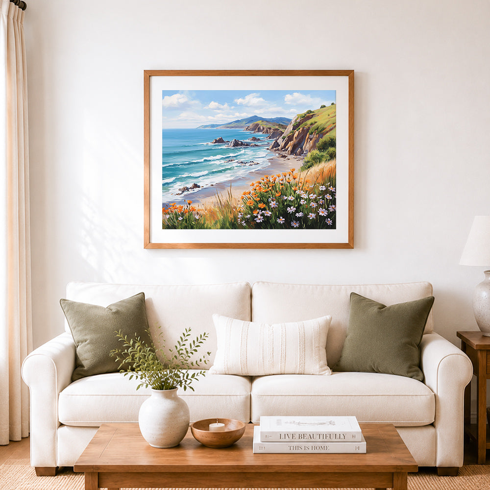 Finished wildflowers on coastal cliffs cross stitch artwork displayed as home decor