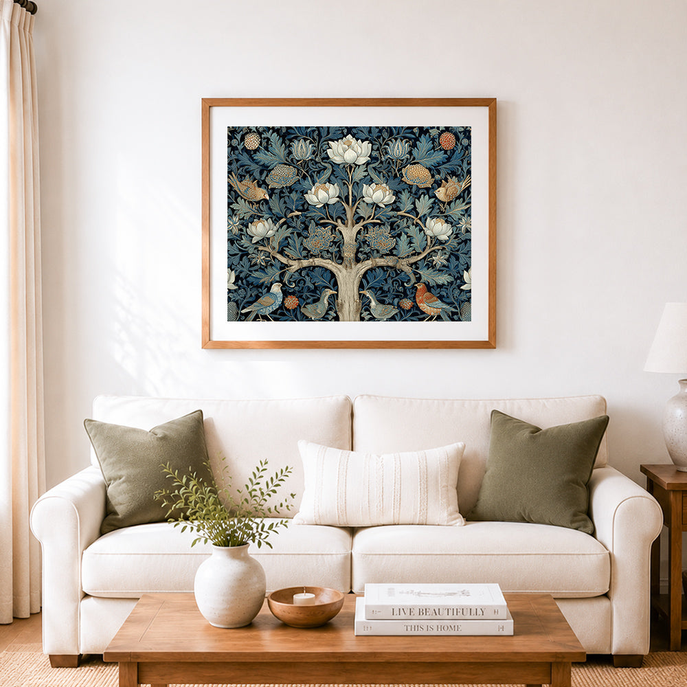 Finished william morris style tree of life cross stitch artwork displayed as home decor