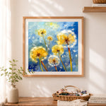 Finished wind blown dandelion floral art cross stitch artwork displayed as home decor