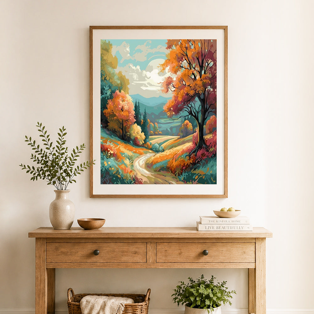 Finished winding autumn country lane cross stitch artwork displayed as home decor