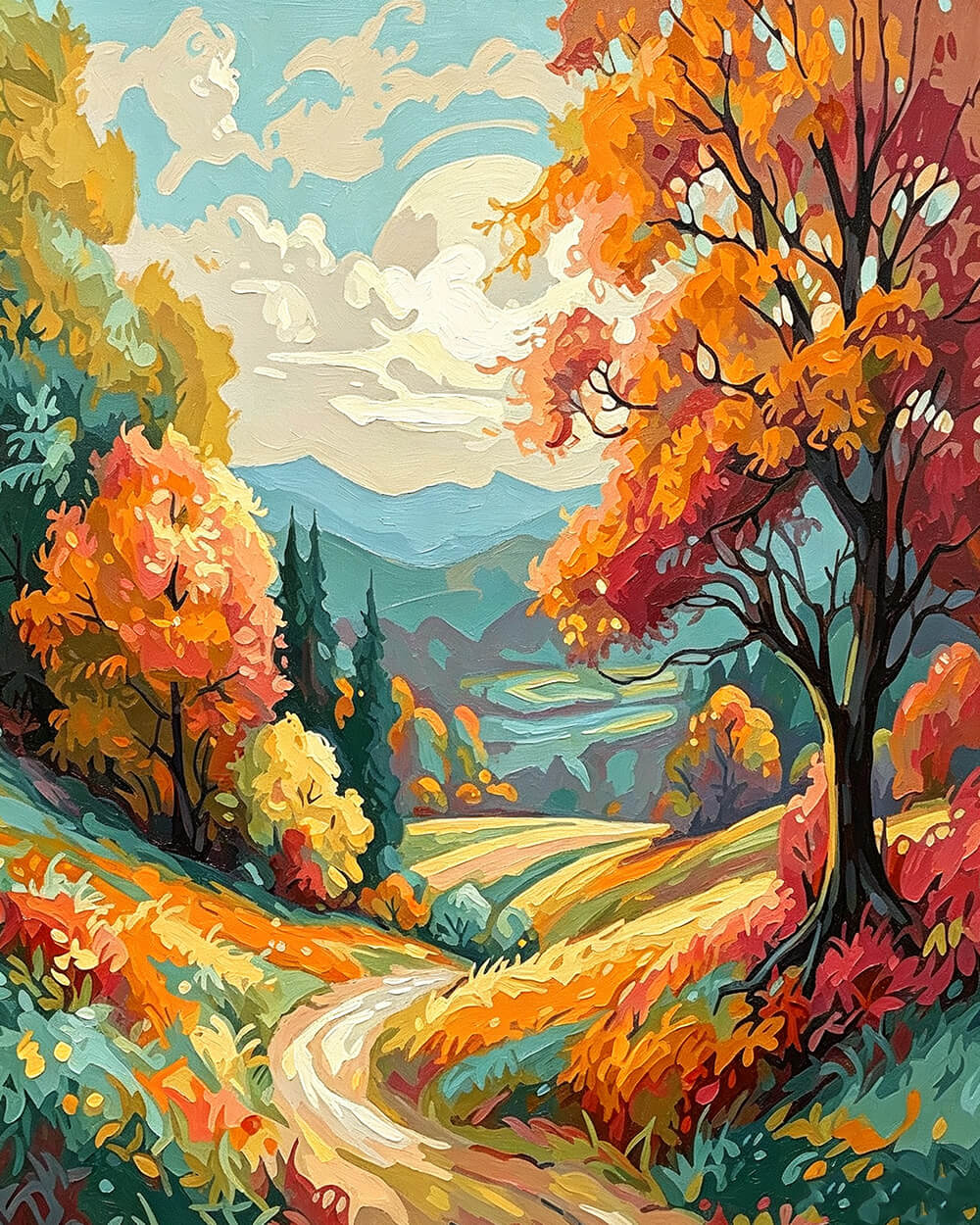 Winding autumn country lane paint by numbers kit for beginners