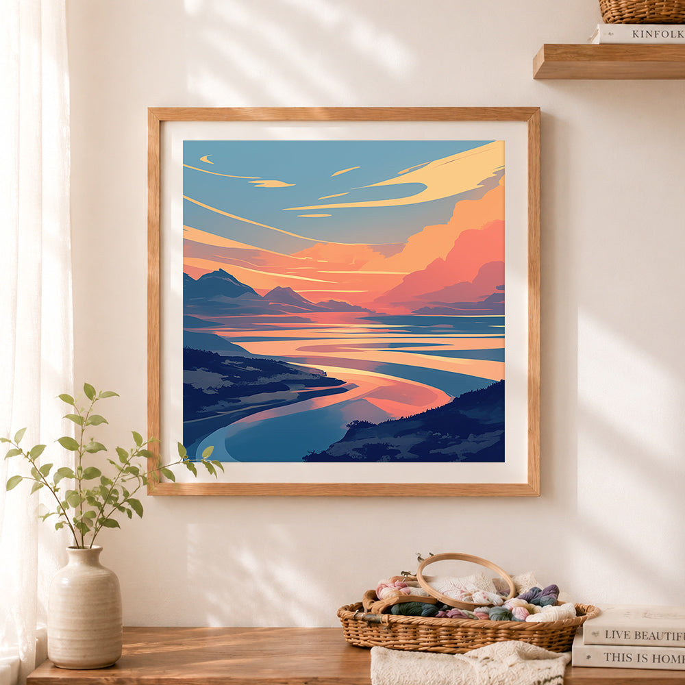 Finished winding river valley cross stitch artwork displayed as home decor