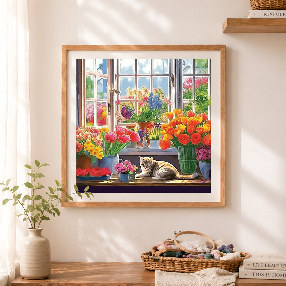Finished window cat spring flowers cross stitch artwork displayed as home decor