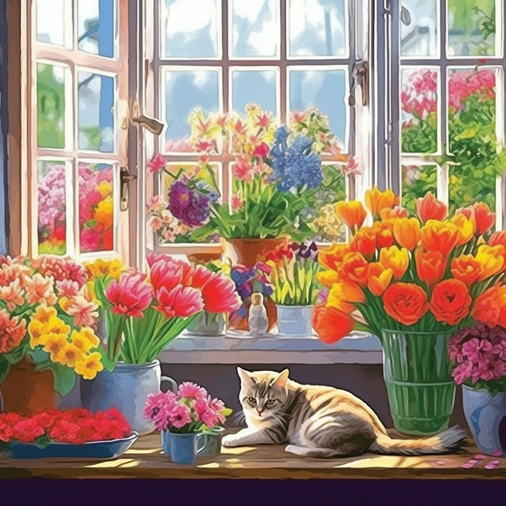 Window cat spring flowers cross stitch kit for beginners