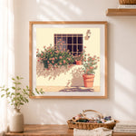 Finished window garden view cross stitch artwork displayed as home decor