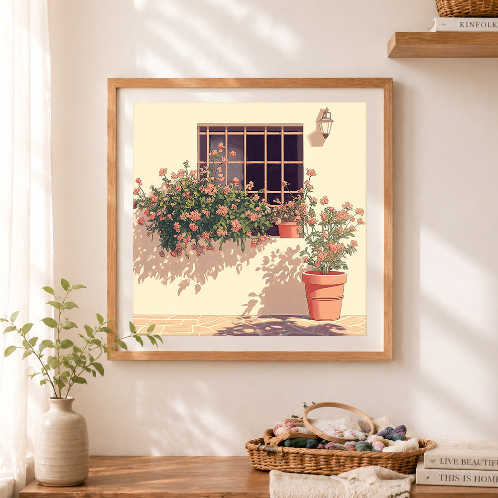 Finished window garden view cross stitch artwork displayed as home decor