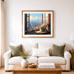 Finished window overlooking the city cross stitch artwork displayed as home decor