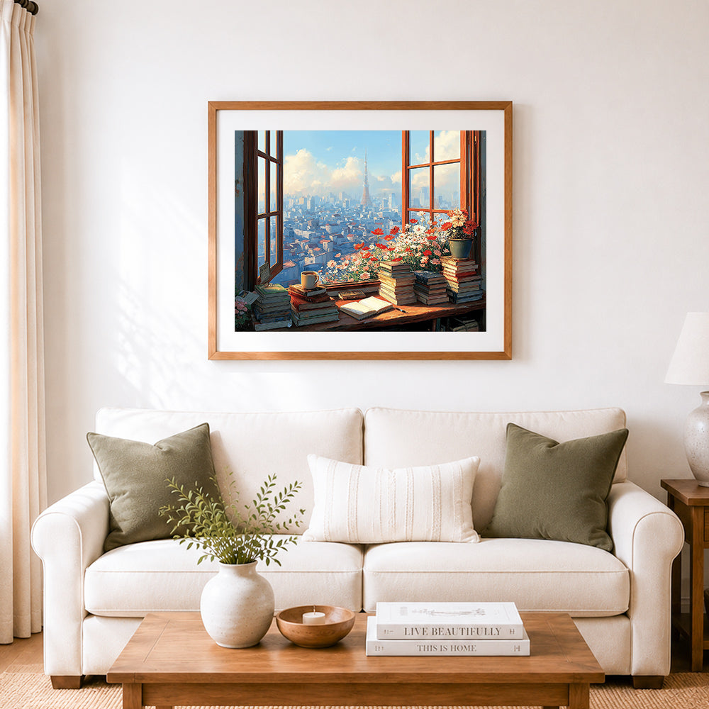 Finished window overlooking the city cross stitch artwork displayed as home decor