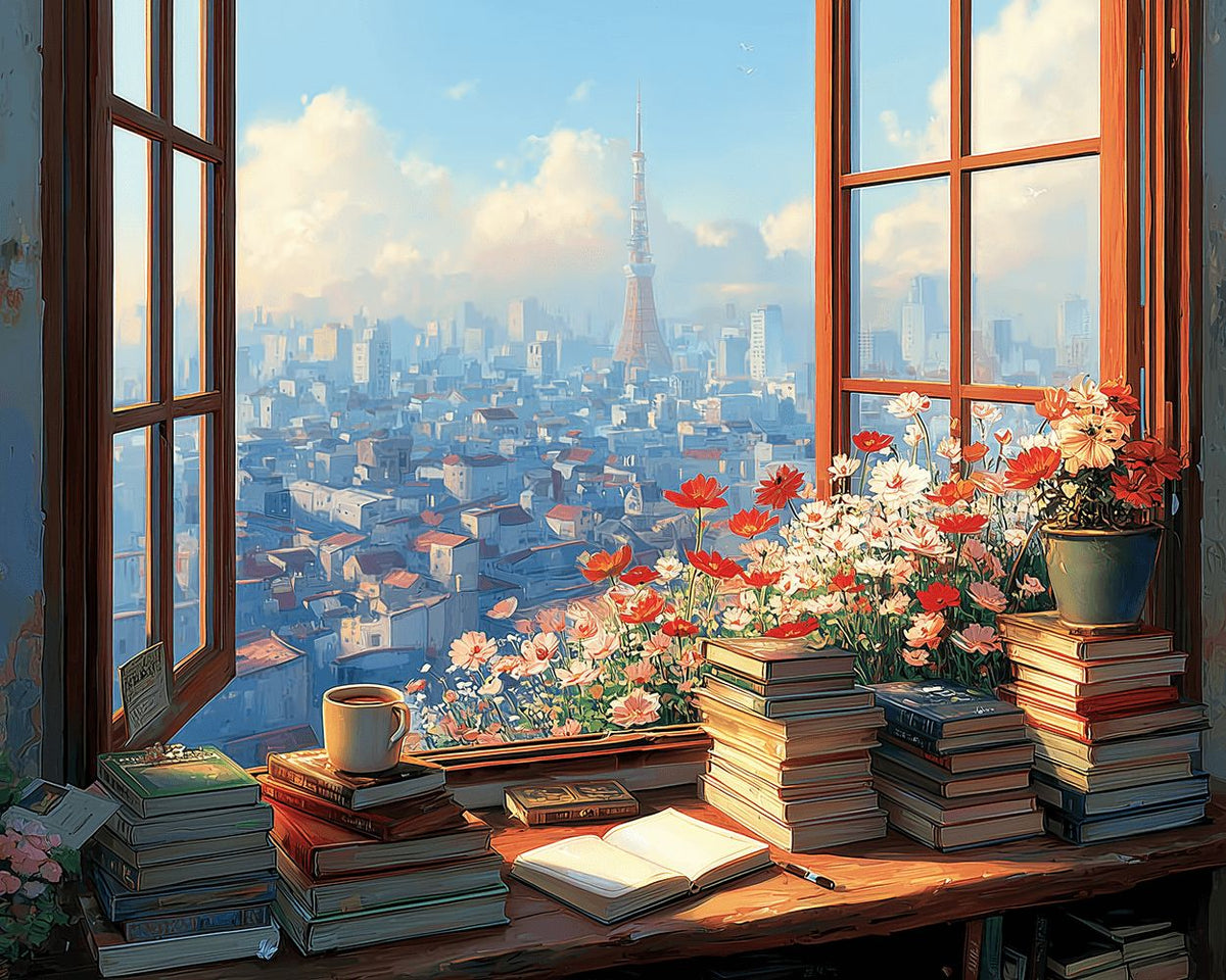 Window overlooking the city cross stitch kit for beginners