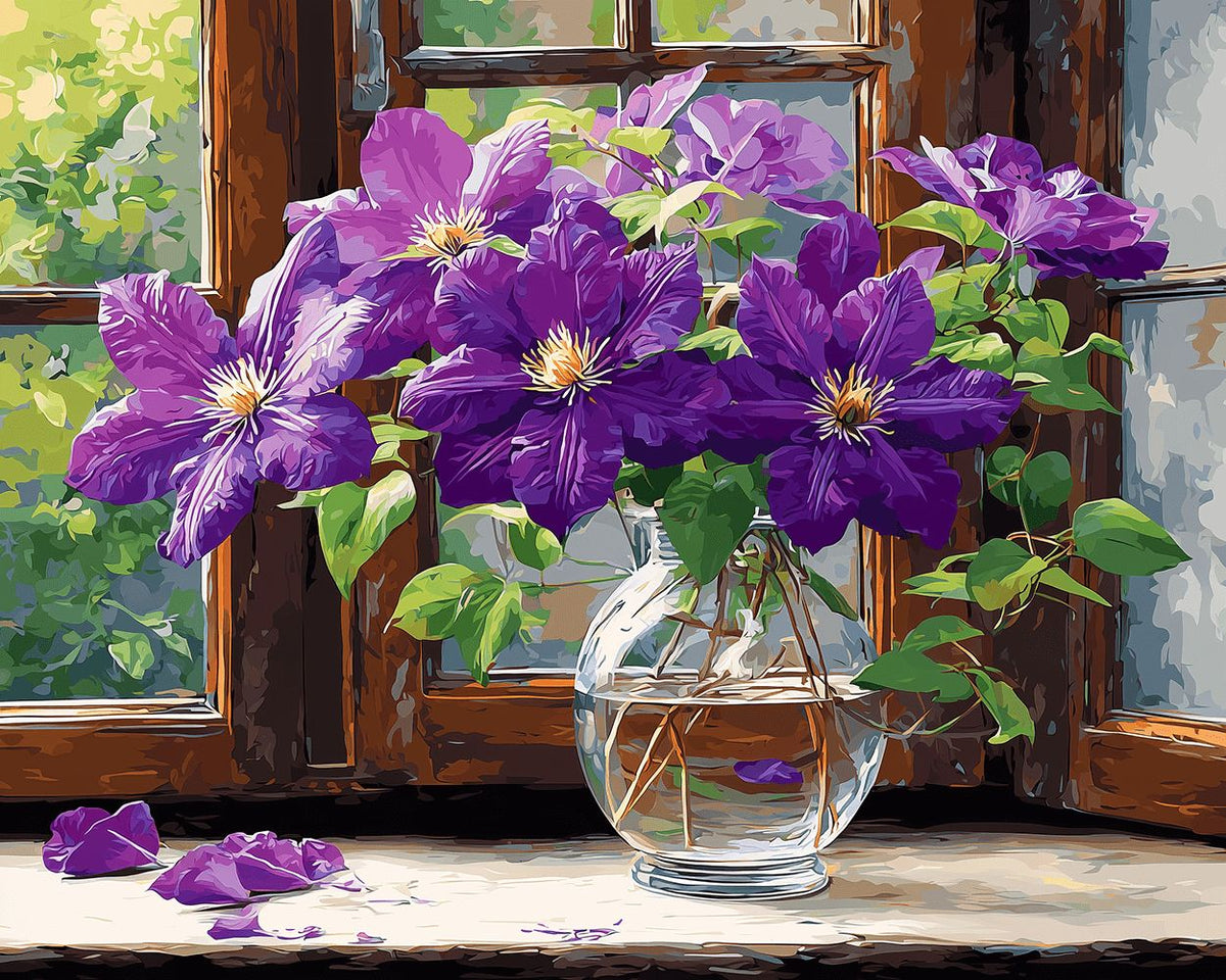 Window sill clematis cross stitch kit for beginners