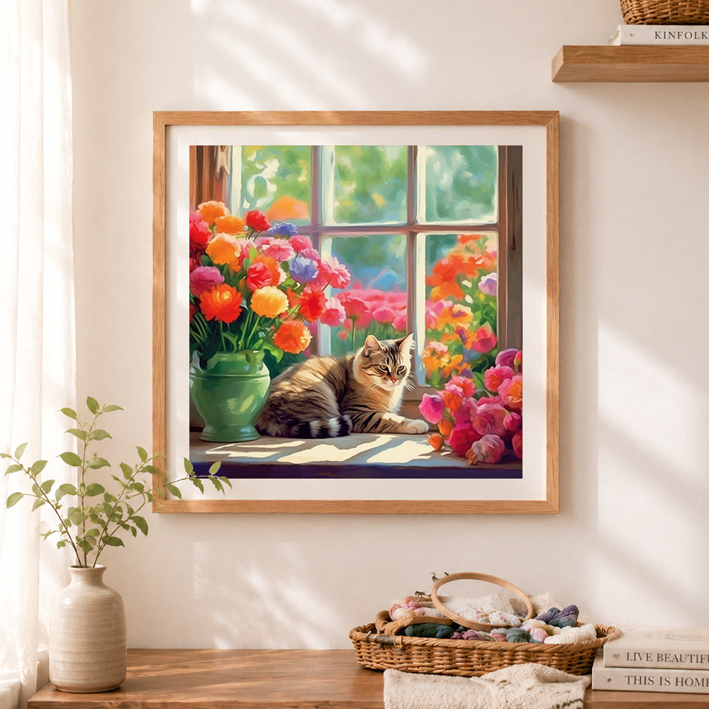 Finished window tabby cat flowers cross stitch artwork displayed as home decor