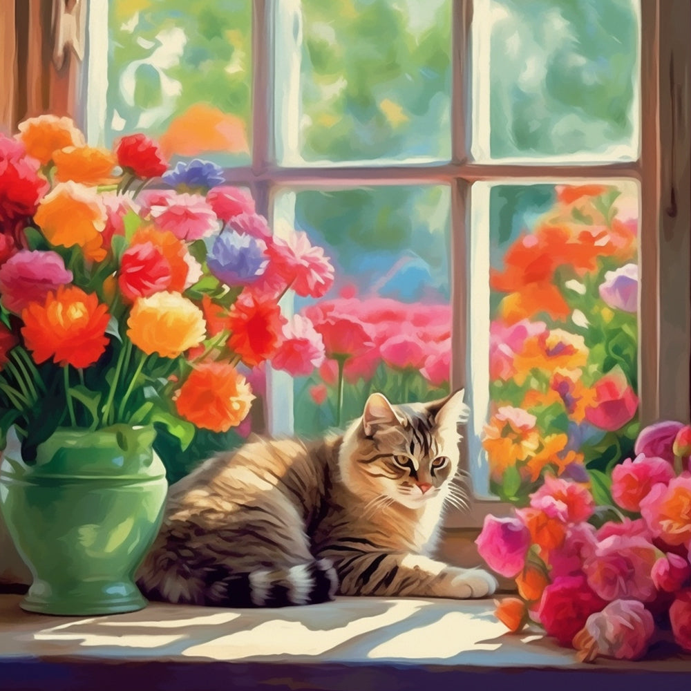 Window tabby cat flowers cross stitch kit for beginners