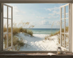 Window view of dune grass and calm ocean cross stitch kit for beginners