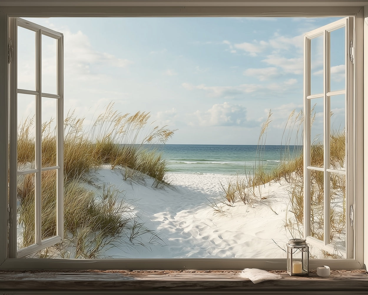 Window view of dune grass and calm ocean cross stitch kit for beginners