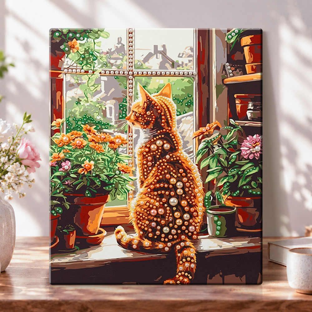 Windowside ginger cat pearl diamond painting kit for beginners