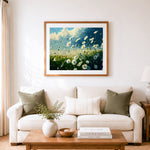 Finished windy daisy field cross stitch artwork displayed as home decor