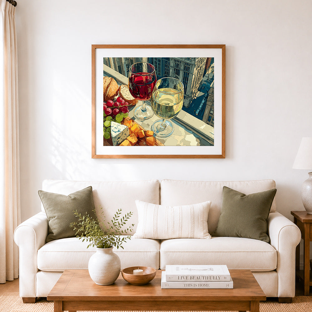 Finished wine and cheese rooftop treat cross stitch artwork displayed as home decor
