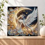 Finished winged angel on golden crescent moon pearl diamond painting artwork displayed as holiday home decor
